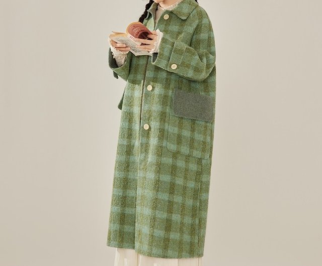 森の冬 グリーンチェック ダブルフェイス コート ロング丈 冬 暖か