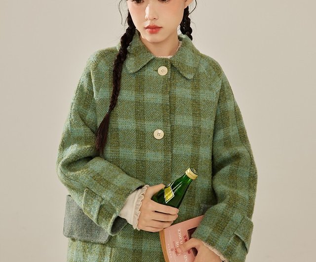 森の冬 グリーンチェック ダブルフェイス コート ロング丈 冬 暖か