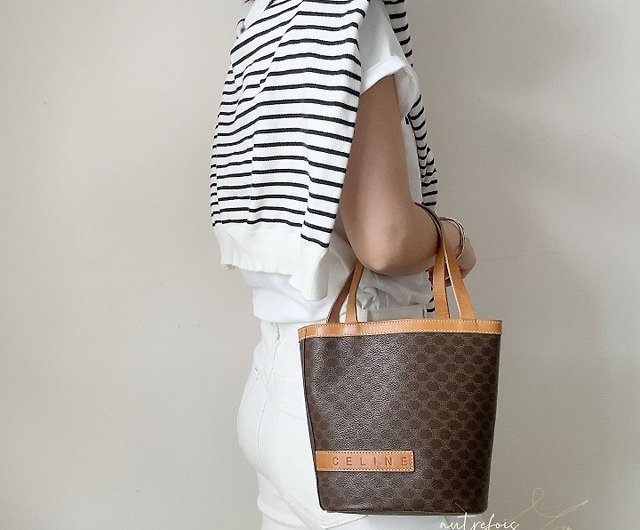 CELINE GREY/BROWN CANVAS TOTE BAG WITH ORANGE LEATHER DETAILS - Still in  fashion