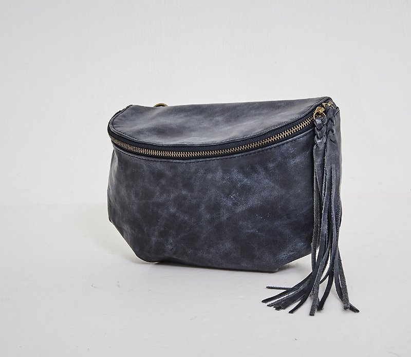 Curved zipper light small side backpack dark blue - Messenger Bags & Sling Bags - Genuine Leather Blue