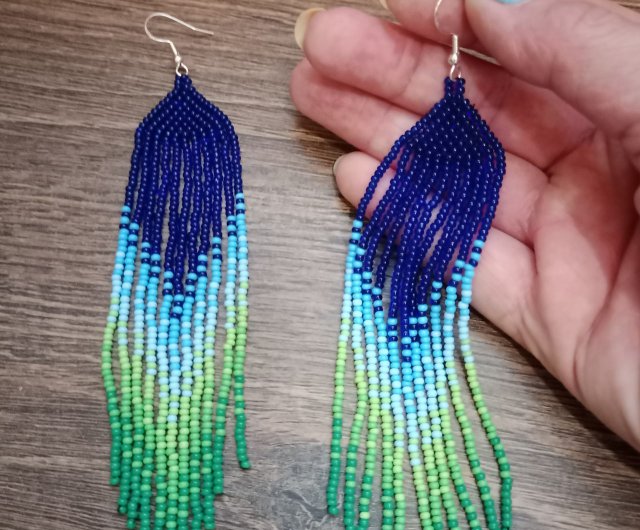 Long Beaded Fringe Earrings, Gradient Beaded Earrings 