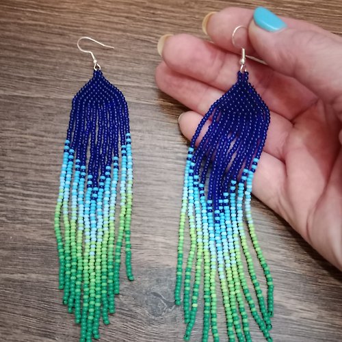 White Bird gallery of exquisite jewelry from Halyna Nalyvaiko Extra long blue green gradient earrings Seed bead earrings Fringe blue green