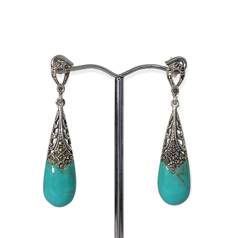 Art Deco Style Teardrop Turquoise and Marcasite Earrings/Set 925 Sterling Silver - Earrings & Clip-ons - Sterling Silver Green