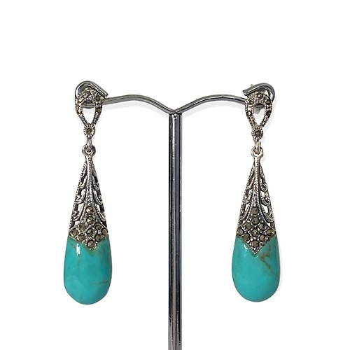 alisadesigns Art Deco Style Teardrop Turquoise and Marcasite Earrings/Set 925 Sterling Silver
