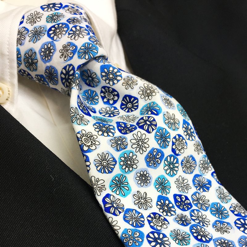 floral print tie BLUE - 領帶/領帶夾 - 棉．麻 藍色