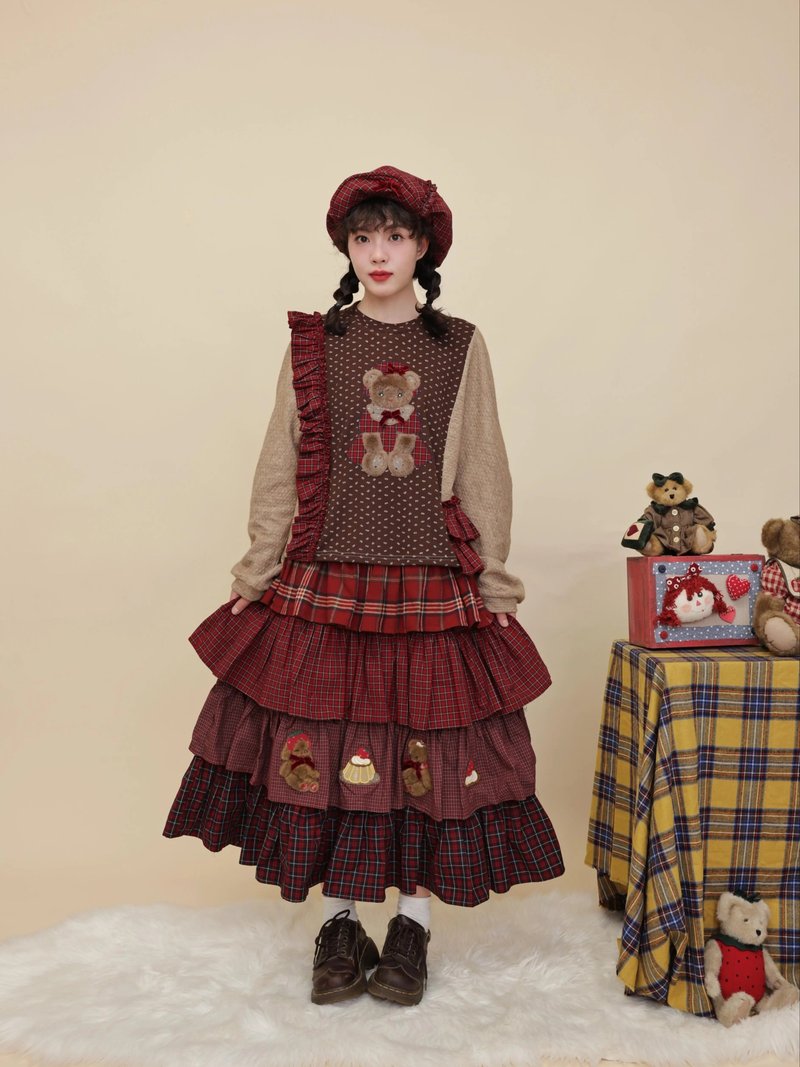 古著感 碎花拼接玩偶毛衣 小熊刺繡花邊針織衫 - 女毛衣/針織衫 - 其他材質 咖啡色