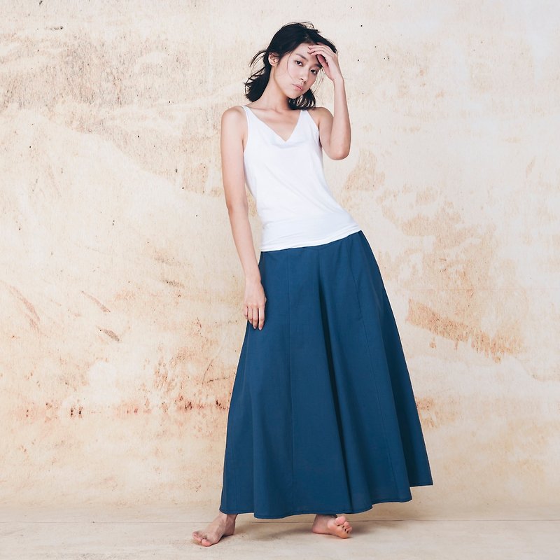 Wide cotton-linen handmade skirts - Zhang Qing - กางเกงขายาว - ผ้าฝ้าย/ผ้าลินิน สีน้ำเงิน