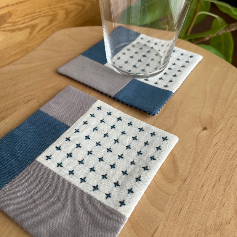 Set of 2 Sashiko Coasters, Patchwork Crosses, Greige and Teal Blue, Embroidered, Handmade in Japan, Gift, Cafe, Kitchen, Fabric Accessories, Simple - Coasters - Cotton & Hemp Khaki