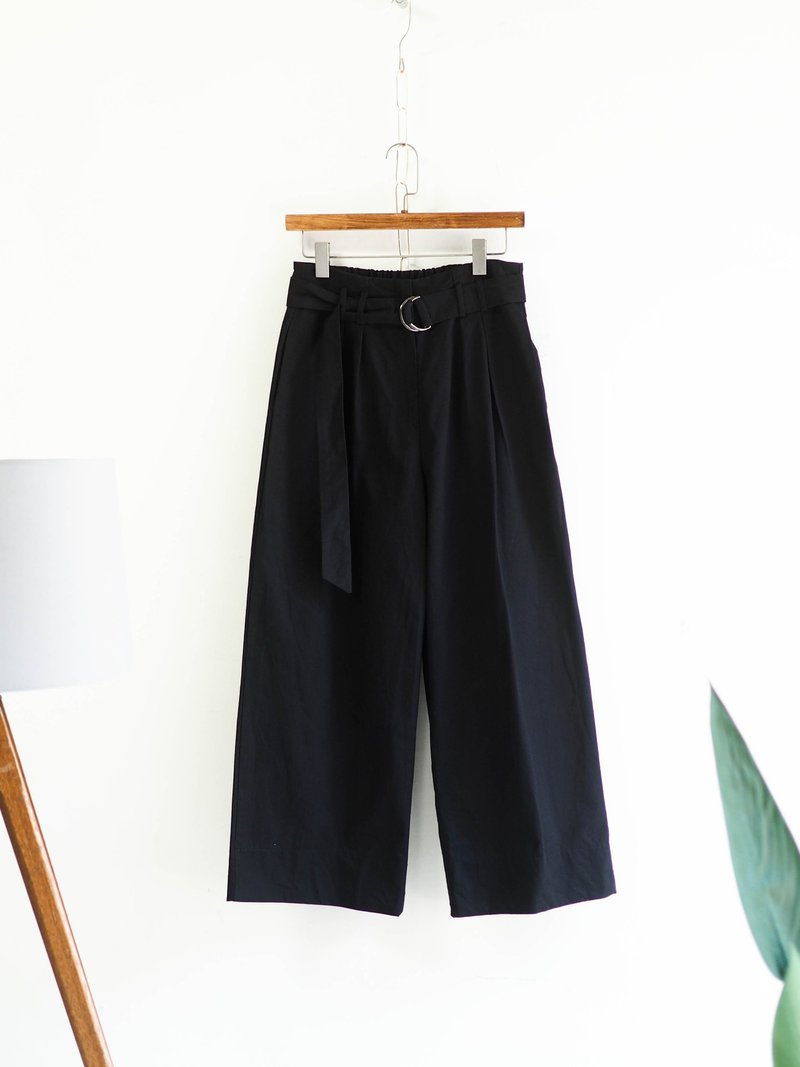 墨黑經典素面抓皺綁帶 古董棉質薄料挺版長褲寬褲 pants vintage - 女長褲 - 棉．麻 黑色