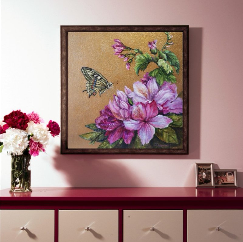 Oil Painting Original Art Rhododendron on Canvas panel Flowers Wall Art - Posters - Other Materials 