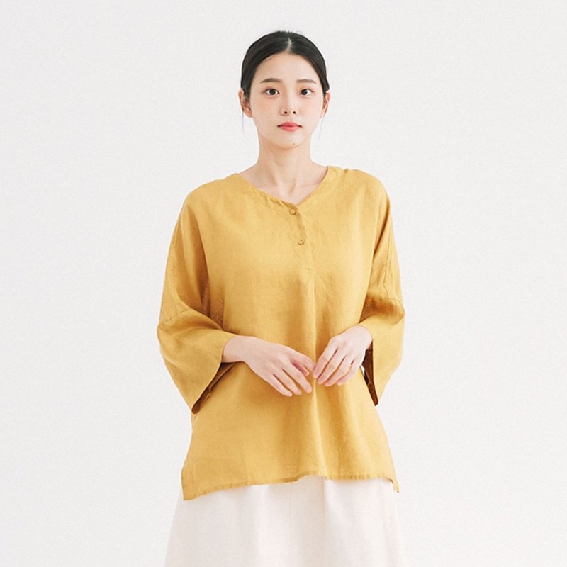 【Simply Yours】Line V-neck mid-sleeve top yellow F - Women's Tops - Cotton & Hemp Yellow