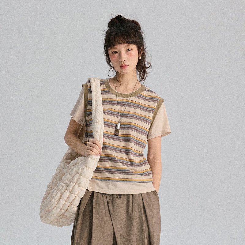 條紋假兩件T恤|T恤|春夏款|Sora-1800 - 女 T 恤 - 棉．麻 