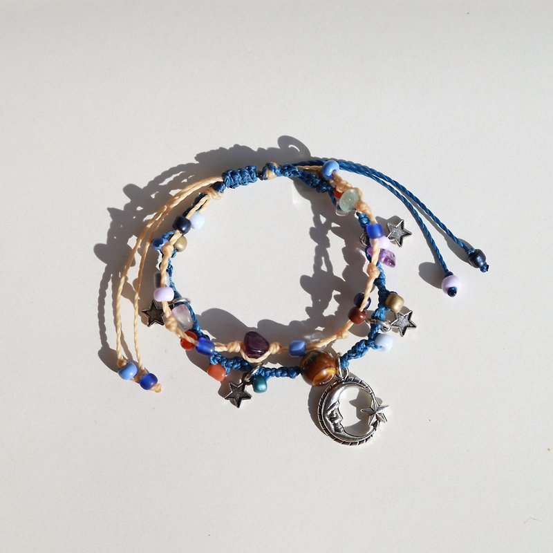 Moon Star tiger eye natural stone woven waxed cord double layered bracelet - 手鍊/手鐲 - 繡線 多色