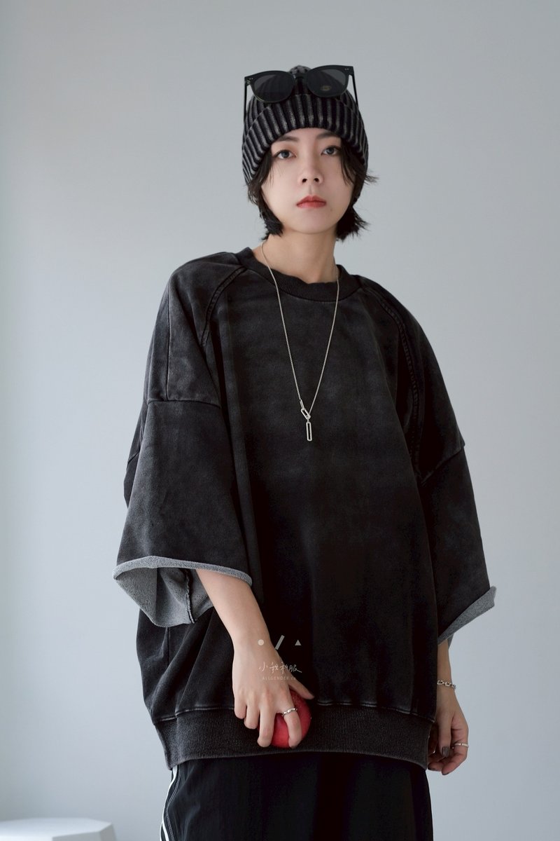 深潛水染落肩寬鬆五分袖上衣 - 2色 - 潛水黑 - 女 T 恤 - 棉．麻 黑色