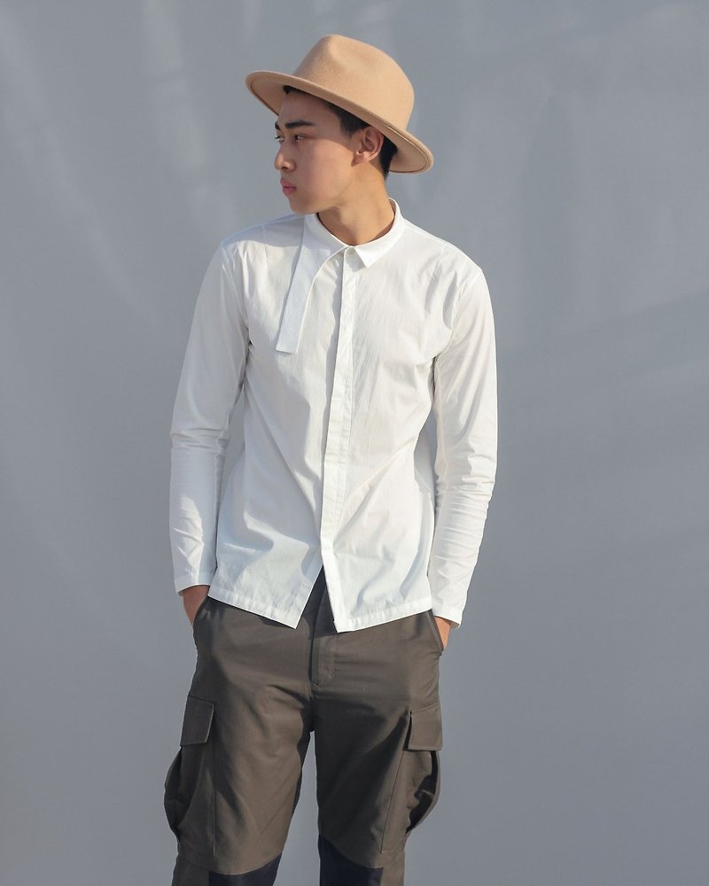 Irregular Collar Shirt - เสื้อเชิ้ตผู้ชาย - ผ้าฝ้าย/ผ้าลินิน ขาว