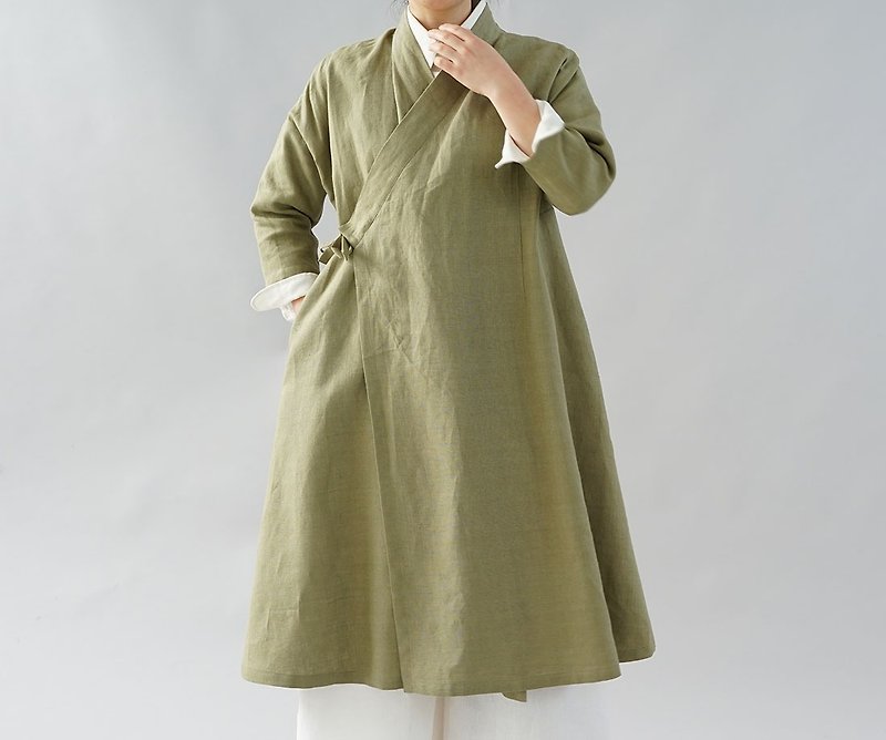 wafu  linen dress / kimono coat / long sleeve / long coat / olive  a84-17 - ชุดเดรส - ผ้าฝ้าย/ผ้าลินิน สีเขียว