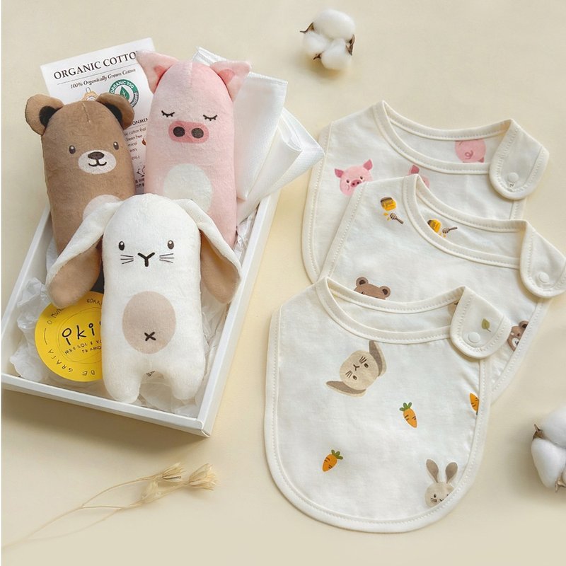 Organic 4-Piece Set (Bib + Rattle + 2 Handkerchiefs) - ผ้ากันเปื้อน - ผ้าฝ้าย/ผ้าลินิน 