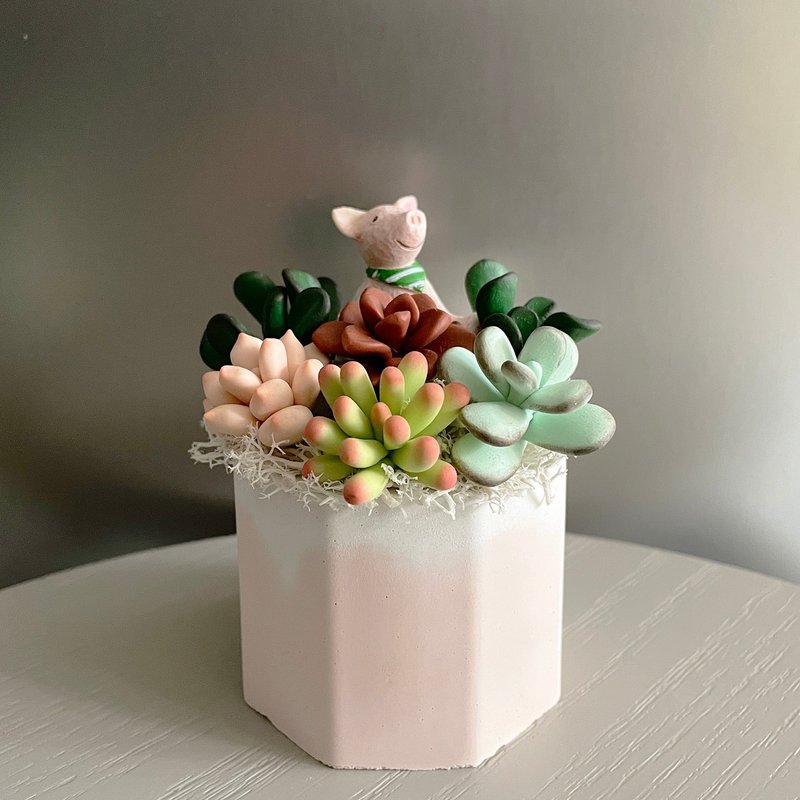 Assorted Succulent Pot #32: Pastel Gradient Octagonal Cement Pot. Polymer Clay Succulent Plant. - ของวางตกแต่ง - ดินเหนียว สีเขียว