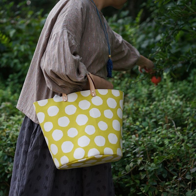 Yellow polka dot water jade barrel bag fairy tale canvas hand bag - Handbags & Totes - Cotton & Hemp 