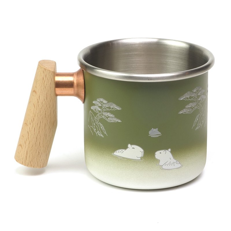 Wooden handle stainless mug 400ml (Capybara) - แก้วมัค/แก้วกาแฟ - สแตนเลส สีเขียว