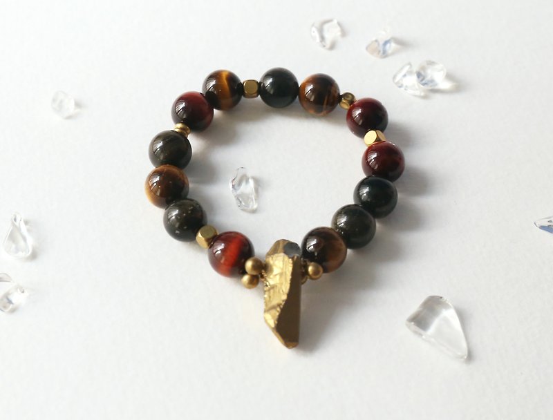 10mm red yellow tiger eye obsidian brass bracelet moonlight unisex - Bracelets - Gemstone 