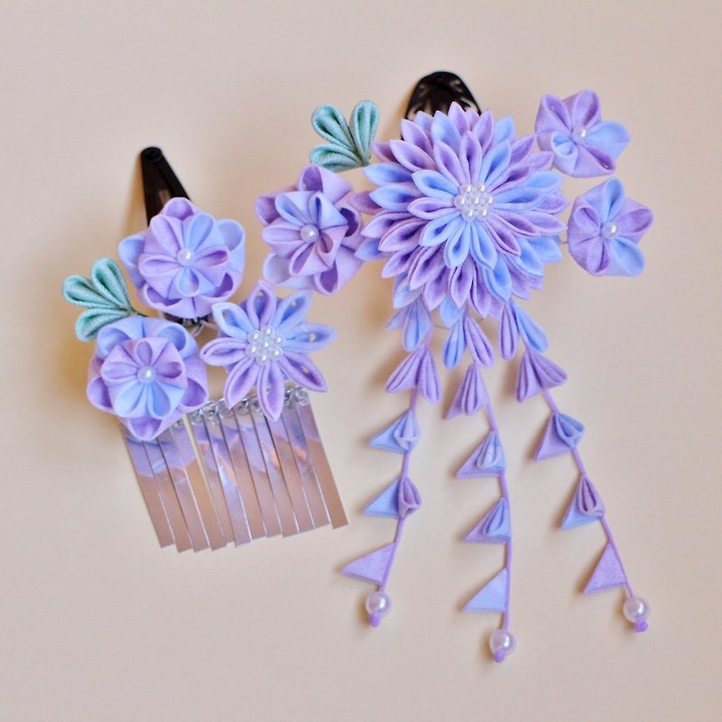 Dreaming sugar confectionary hair ornament 2 point set Light purple knife work kanzashi sum or yukata or kimono - เครื่องประดับผม - ผ้าฝ้าย/ผ้าลินิน สีม่วง