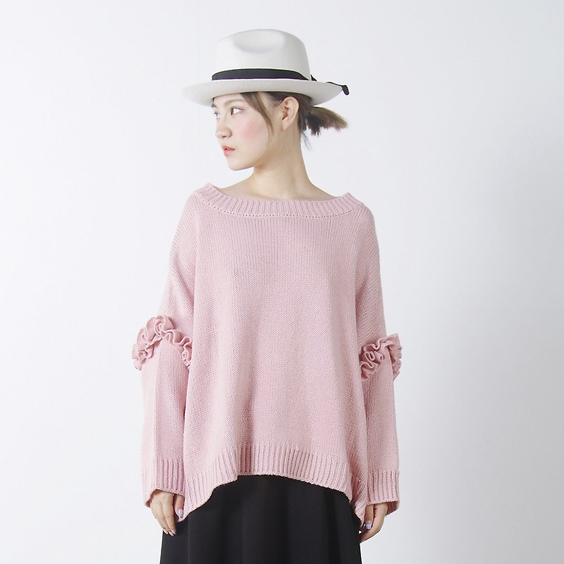 Black and pink lace sleeve thick sweater two color options - imakokoni Christmas Christmas - สเวตเตอร์ผู้หญิง - เส้นใยสังเคราะห์ สึชมพู