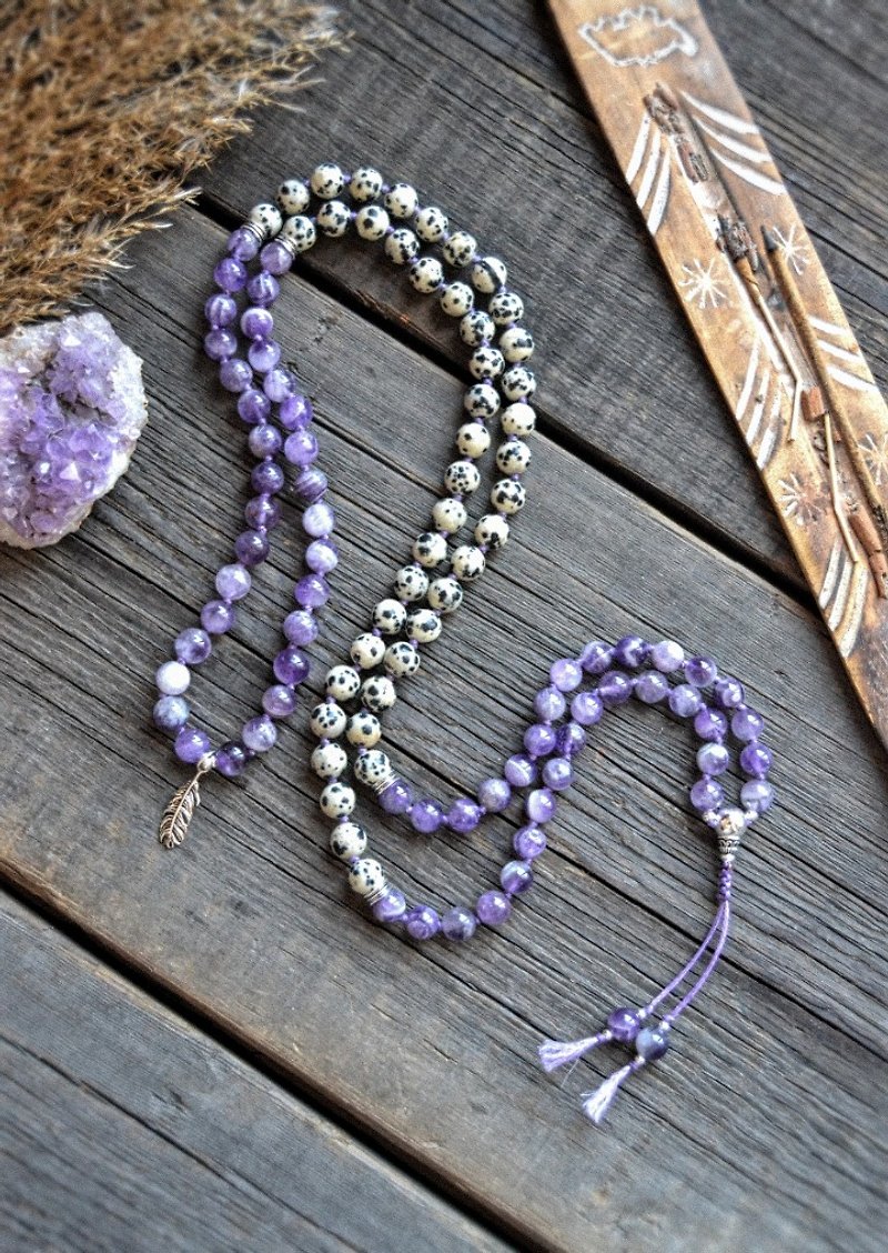 Rosary from Amethyst and Dolmatian Jasper Mala Beads for Meditation 108 - Necklaces - Sterling Silver Purple