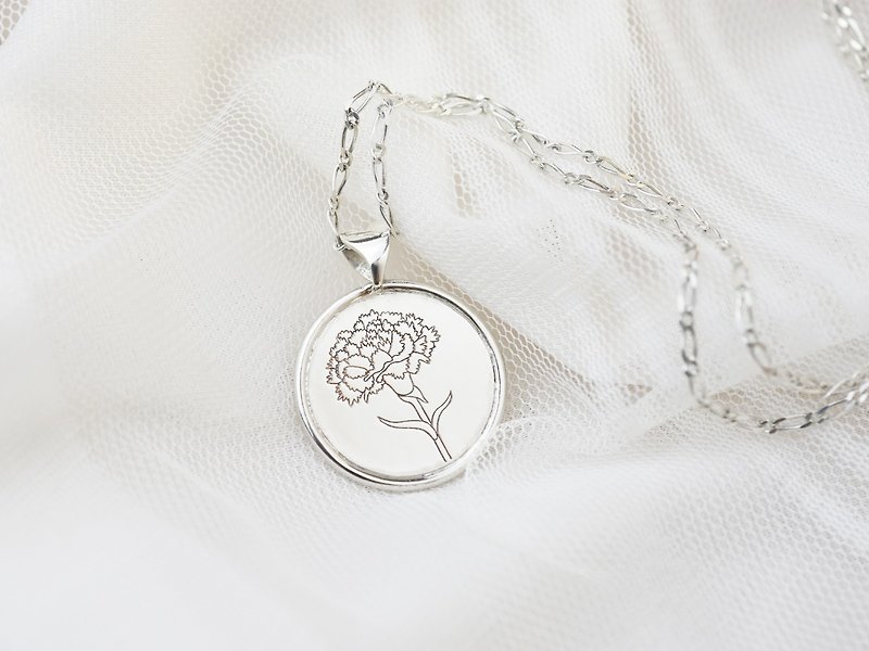 Carnation Disc Necklace | 925 Sterling Silver Customized Engraving Female Flower Love Pendant - สร้อยคอ - เงินแท้ สีเงิน