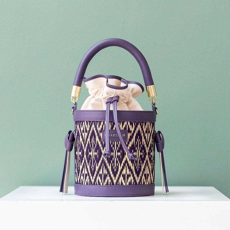 Chaksarn Mini Krathip: Purple Woven Straw Small Bucket Bag / Genuine Leather - Handbags & Totes - Genuine Leather Purple