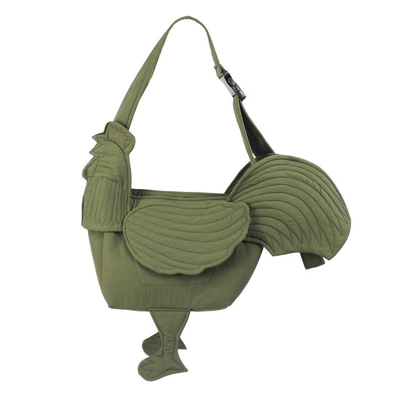 Green Handmade Khaki Rooster Messenger Bag With Zipper And Buckle Strap - 側背包/斜孭袋 - 尼龍 綠色