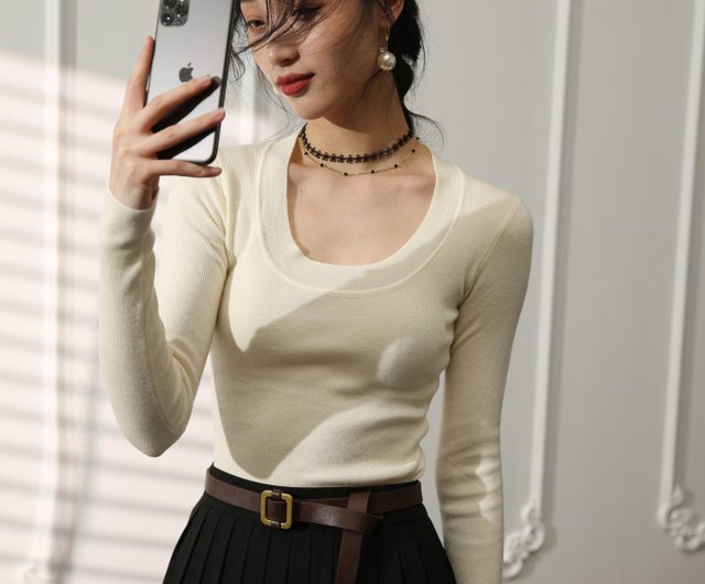 u-neck silk round neck knitted sweater women - Shop annechen