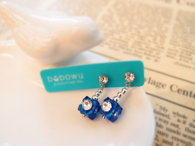 《DODOWU手作輕珠寶》【鑽四方●賺四方耳環】抗過敏耳針/可以做夾式 - 耳環/耳夾 - 寶石 藍色