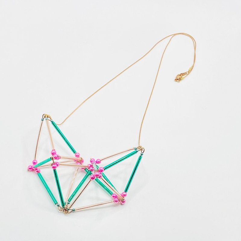 3D Heart NECKLACE【Pink×Green】 - 項鍊 - 玻璃 多色