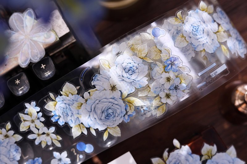 澗石藍  復古溫柔藍花卉和紙PET貝殼光模切手帳膠帶拼貼 - 紙膠帶/和紙/PET - 紙 多色