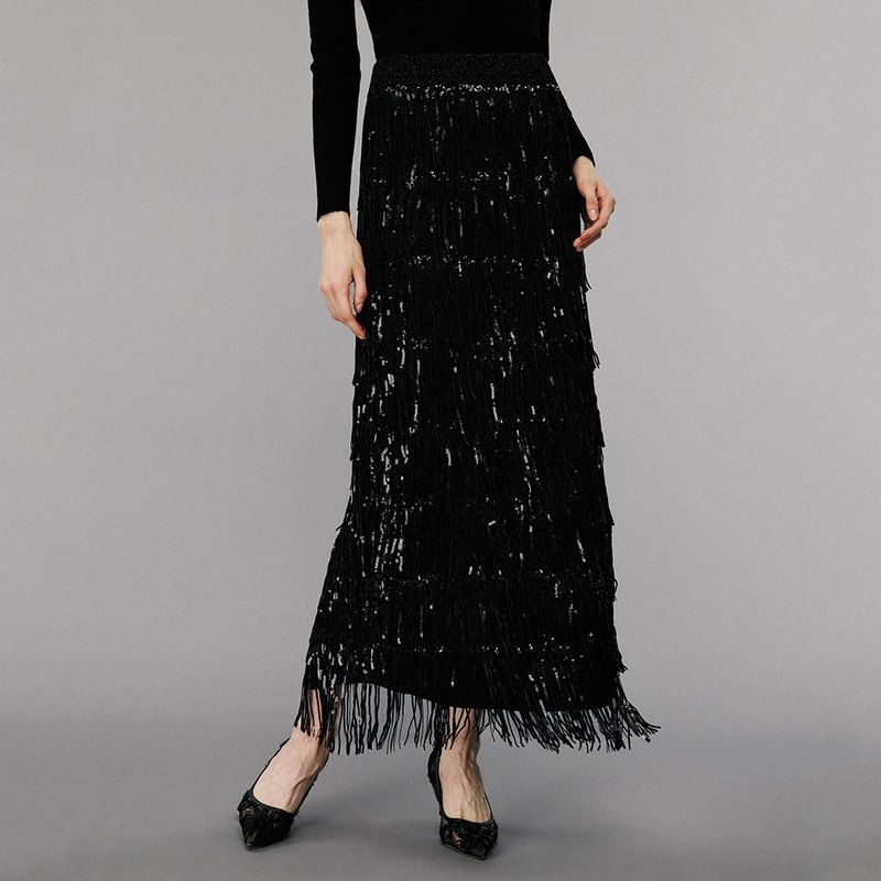 SOLELEGIA Black Sequin Fringe Midi Skirt - Skirts - Other Materials Black