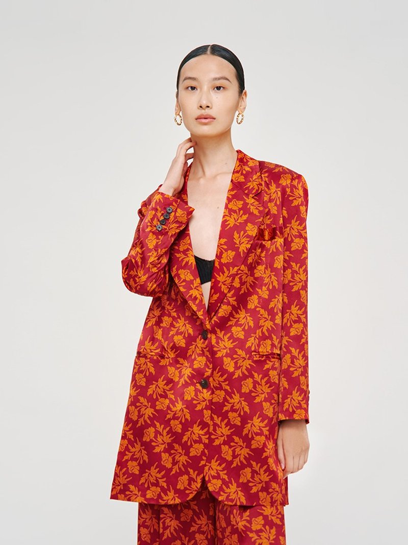【印花】新中式復古中國風 真絲印花休閒西裝外套 - 女西裝外套 - 其他材質 紅色