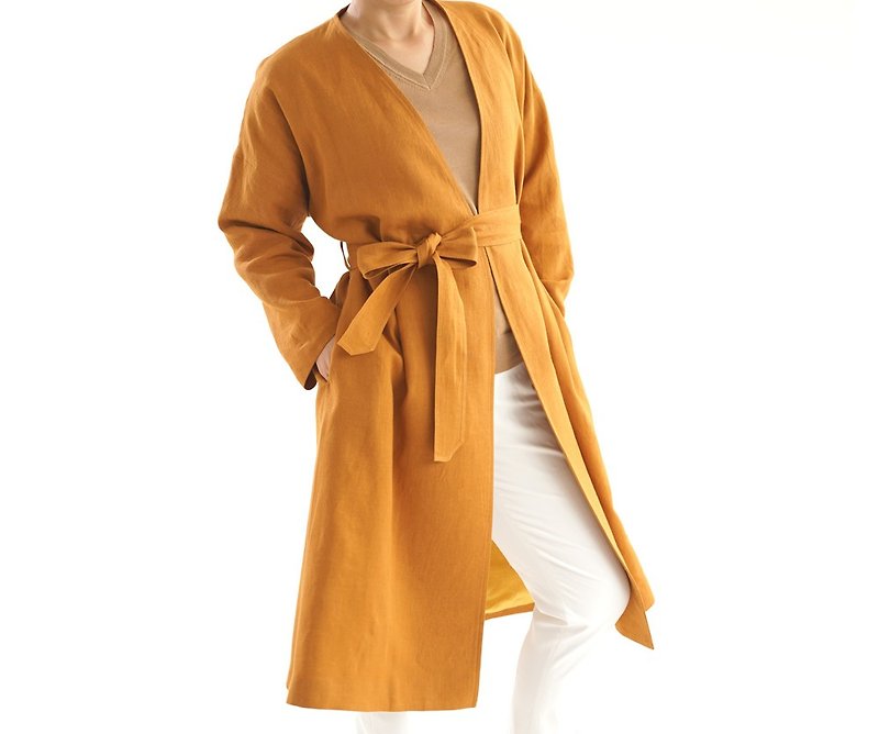 Warm linen × Masa linen drop shoulder gown coat lined / Murisier h022c-mje3 - 外套/大衣 - 棉．麻 橘色