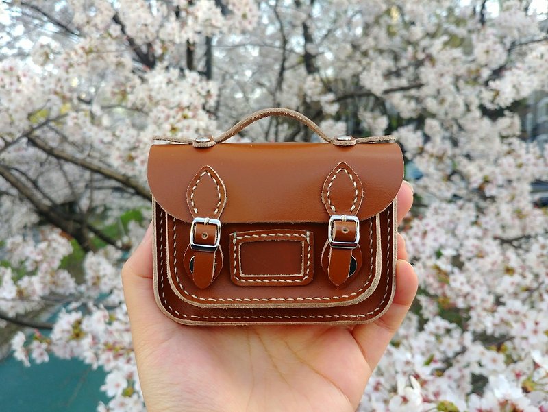 Mini satchel bag card wallet / snap button - ที่เก็บนามบัตร - หนังแท้ สีนำ้ตาล