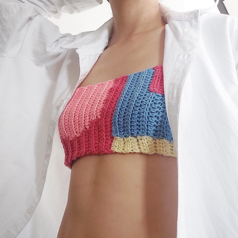 Handmade  Canvas N Knitpaint cropped top Geometry on Hibiscus - 女上衣/長袖上衣 - 其他材質 紅色