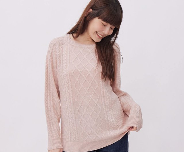 Argyle Round Neck Long Sleeve Sweater Light Pink Shop so that s