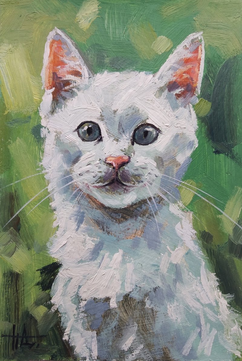Original Oil Painting Animal Pet Portrait White Kitten Size 6x4 inches - 壁貼/牆壁裝飾 - 紙 多色