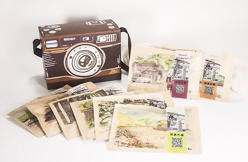 台灣風景明信片茶包禮盒  花蓮八景旅行相機禮盒包裝 - 心意卡/卡片 - 防水材質 咖啡色