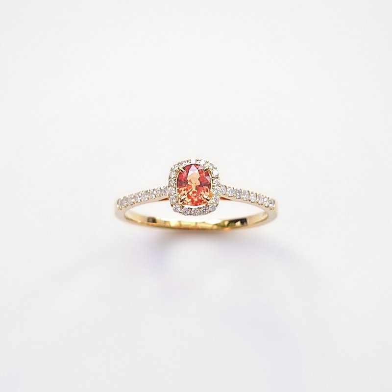天然橢圓形橘色剛玉 微鑲鑽石 純 18K 金戒指 | 客製手工 復古 - 戒指 - 寶石 橘色