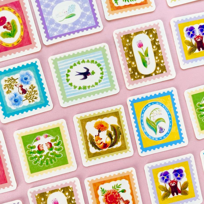 Stamp-like spring flower flake stickers (with postcard) - สติกเกอร์ - กระดาษ หลากหลายสี