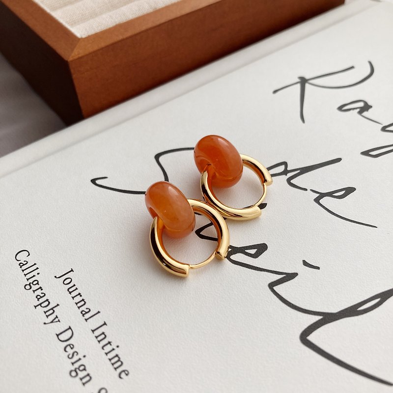 [Pumpkin Donuts] Natural stone Bronze plated 14K gold earrings - ต่างหู - หยก สีแดง