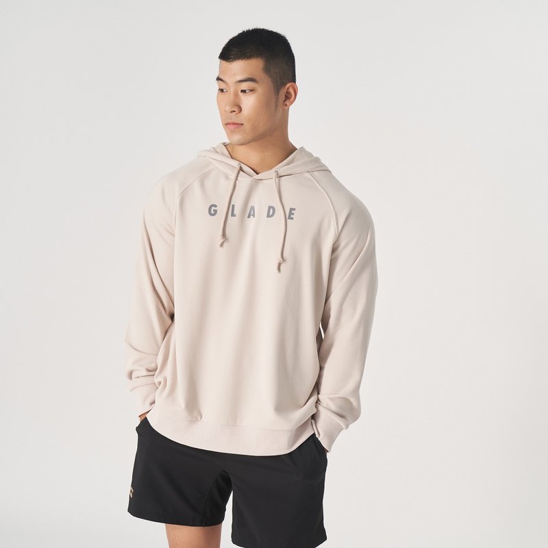 【GLADE.】Cozy French Terry Long Sleeve Hooded Men's Top (Light Khaki) - Men's Sportswear Tops - Cotton & Hemp Khaki