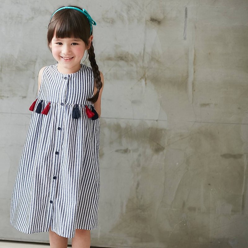 Blue & White Stripe Tassel-Accent Sleeveless Dress - อื่นๆ - ผ้าฝ้าย/ผ้าลินิน สีน้ำเงิน