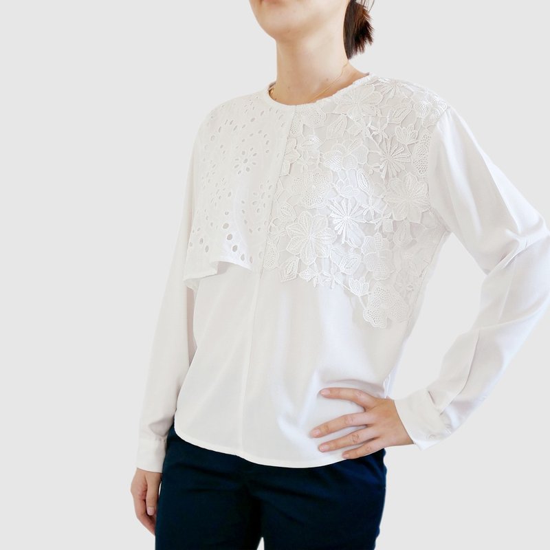 White Tencel Cotton Panel Lace Top - เสื้อผู้หญิง - ผ้าฝ้าย/ผ้าลินิน ขาว