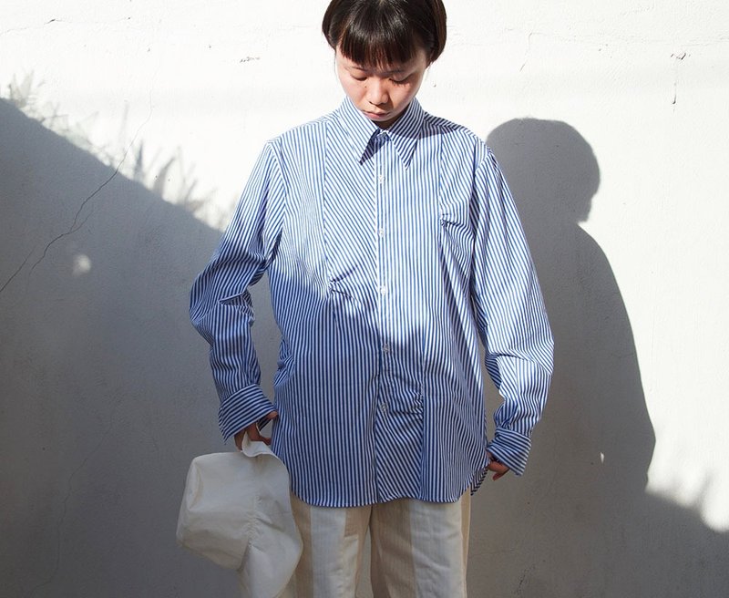 Partially pleated irregular blue striped long-sleeved shirt - Women's Shirts - Cotton & Hemp 